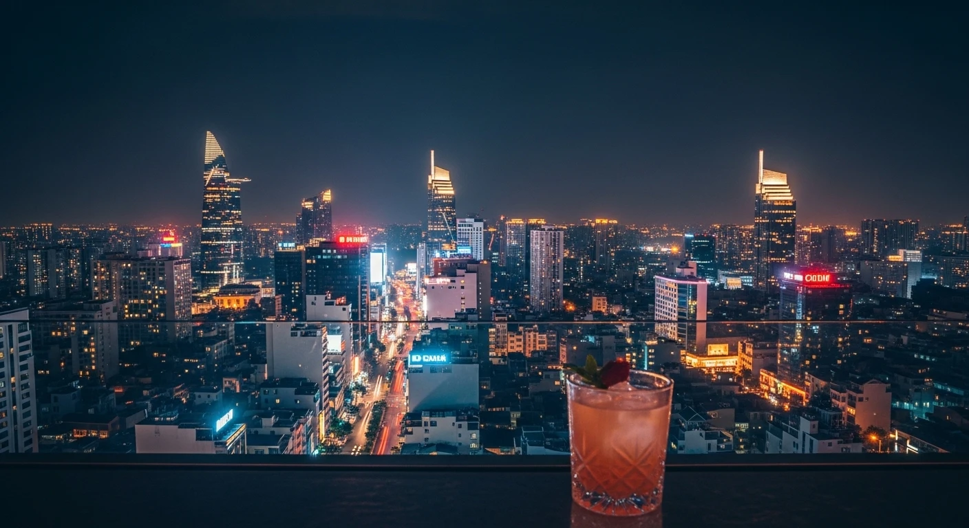 A panoramic night view of Saigon's skyline from a rooftop bar, with neon lights and skyscrapers.
