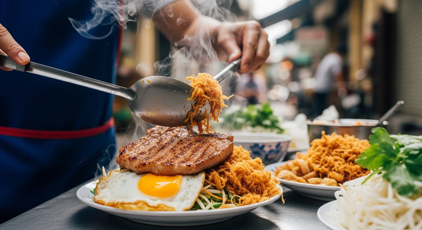 A street vendor in Saigon expertly preparing a plate of Com Tam with grilled pork.