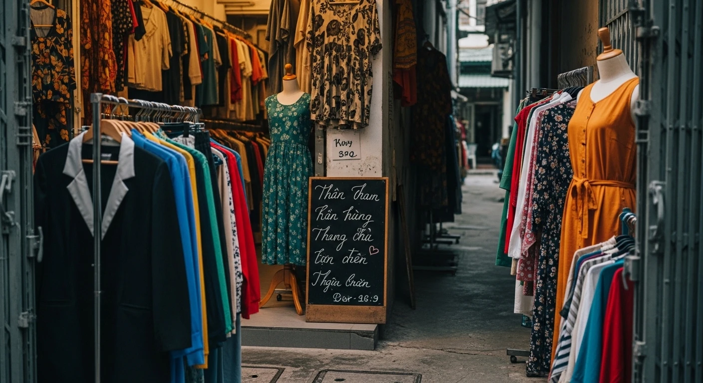 A colourful display of vintage clothing outside a small shop in a Saigon alley