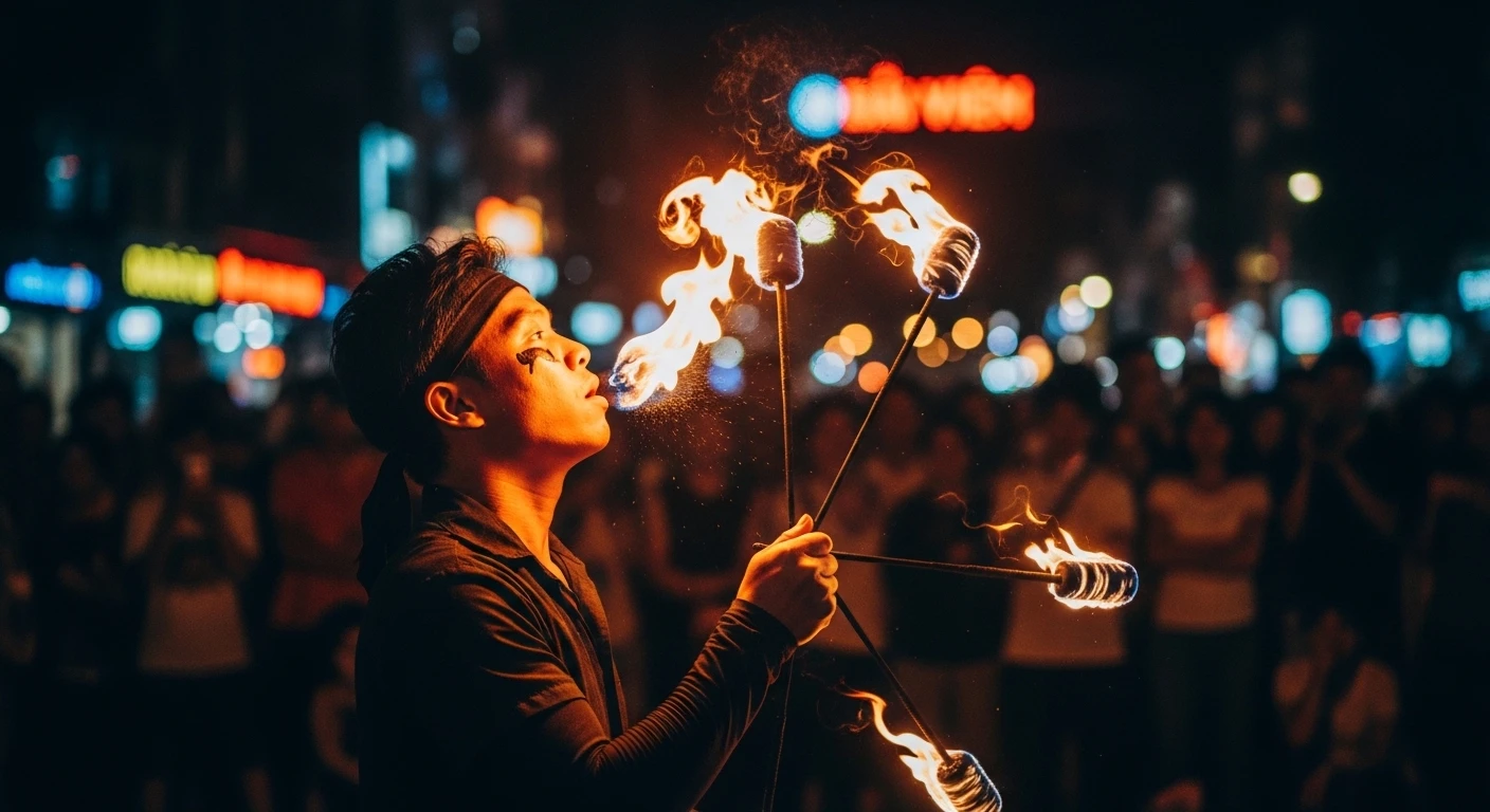A street performer juggling or breathing fire on Bui Vien Walking Street