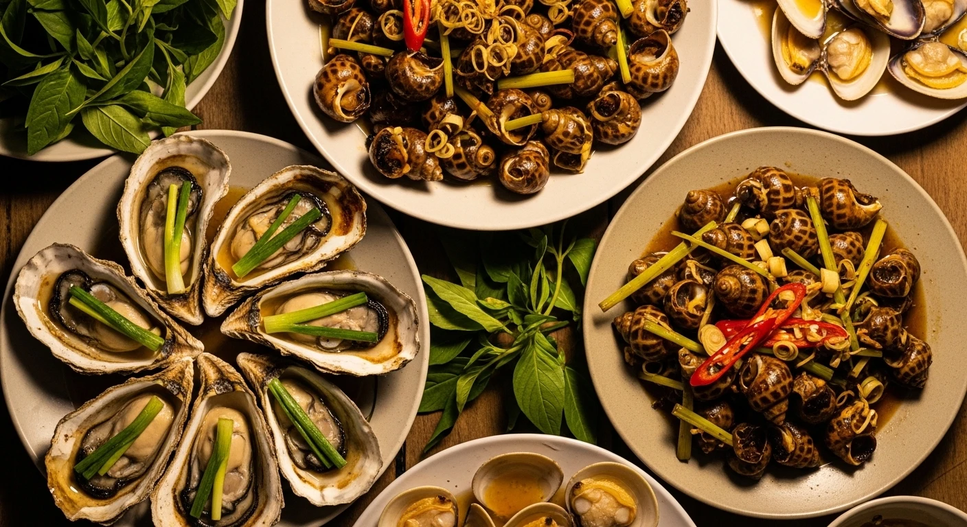 Close-up of various Saigon snail dishes, showing different cooking styles and ingredients