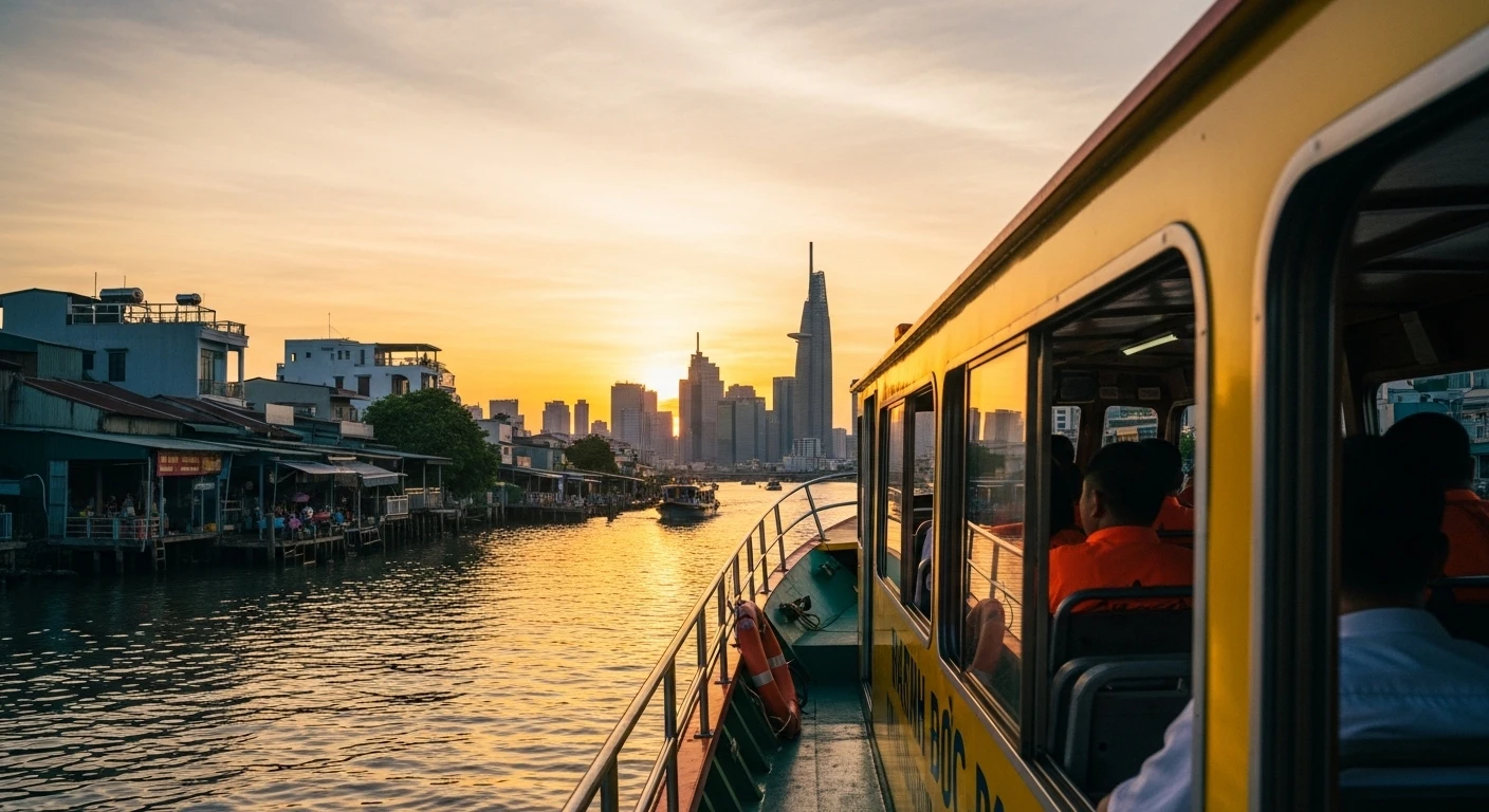 A panoramic view of the Saigon River at sunset, with a yellow waterbus in the foreground