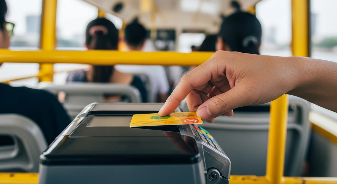 Close-up of a passenger tapping a card to pay fare on a Saigon waterbus