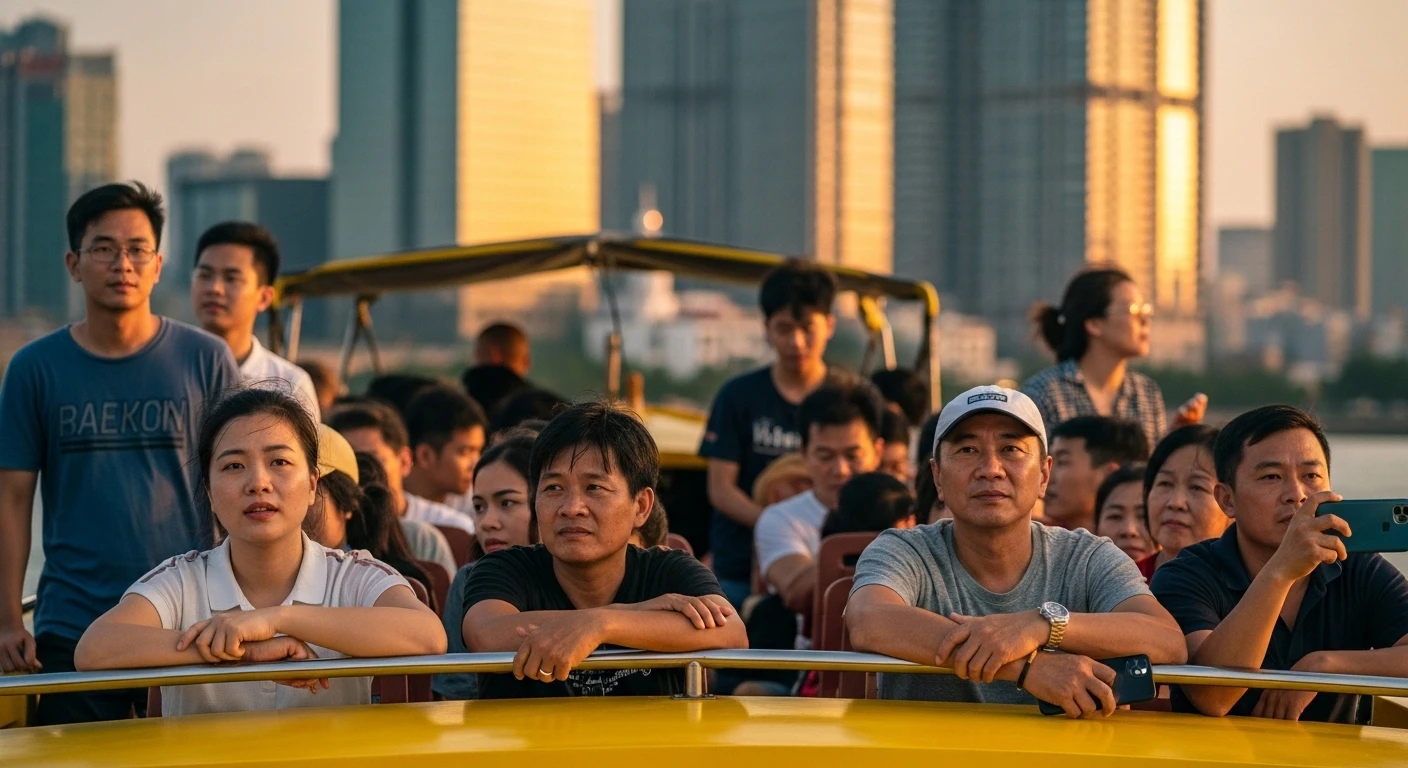 A group of locals and tourists enjoying the view from the Saigon Waterbus deck