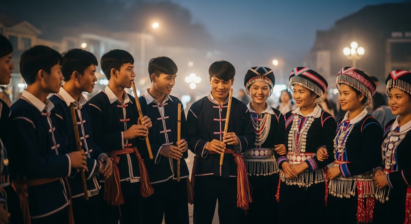 A group of Hmong and Dao youth gathered at night in Sapa town square, some playing traditional instruments.