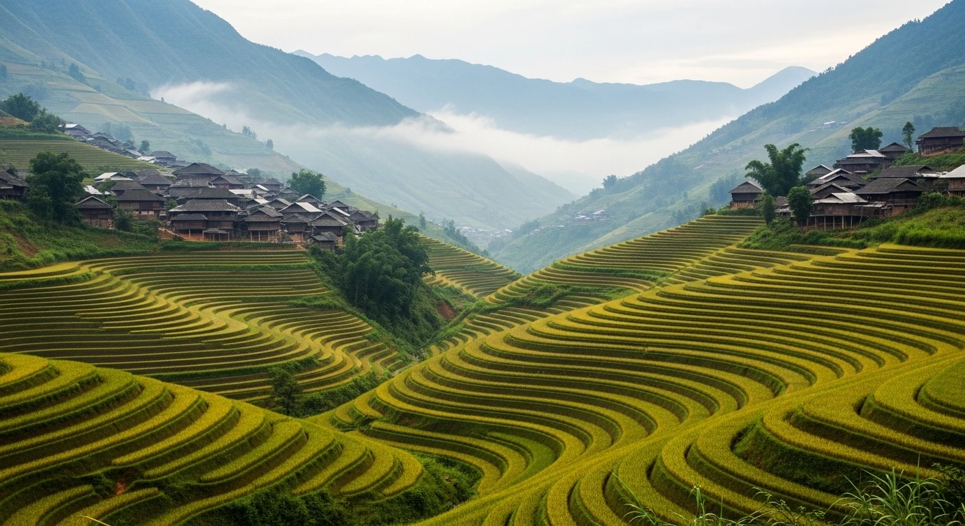 Panoramic view of Sapa's Muong Hoa Valley with cascading rice terraces and a Hmong village in the distance