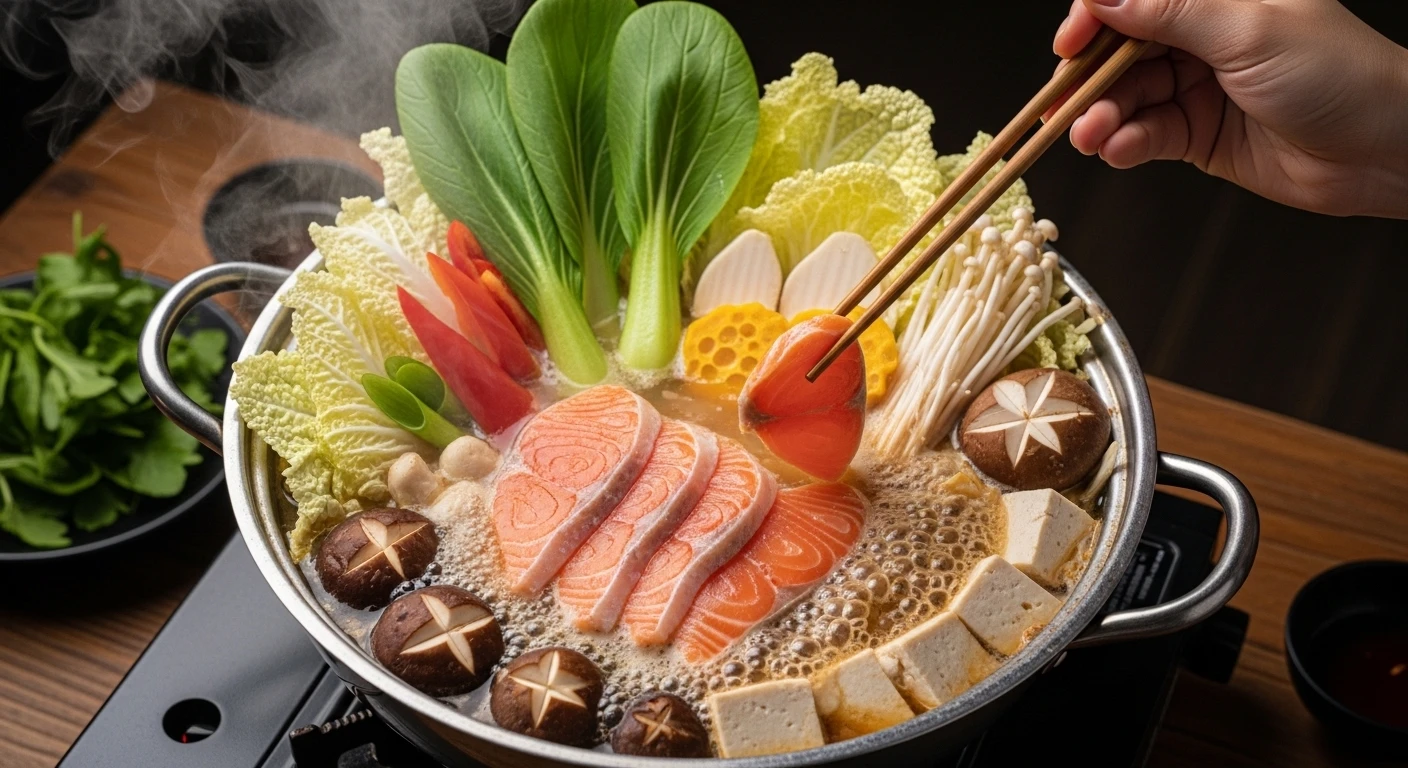 A steaming pot of Sapa-style salmon hotpot filled with colorful vegetables, tofu, herbs, and slices of salmon, with chopsticks dipping in
