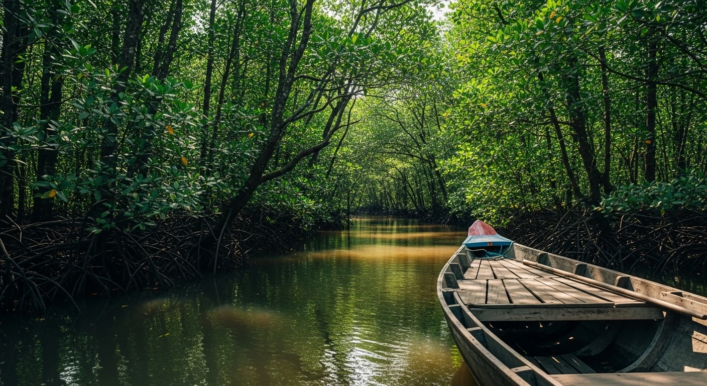 A rural Mekong Delta scene with dense green foliage and a small waterway