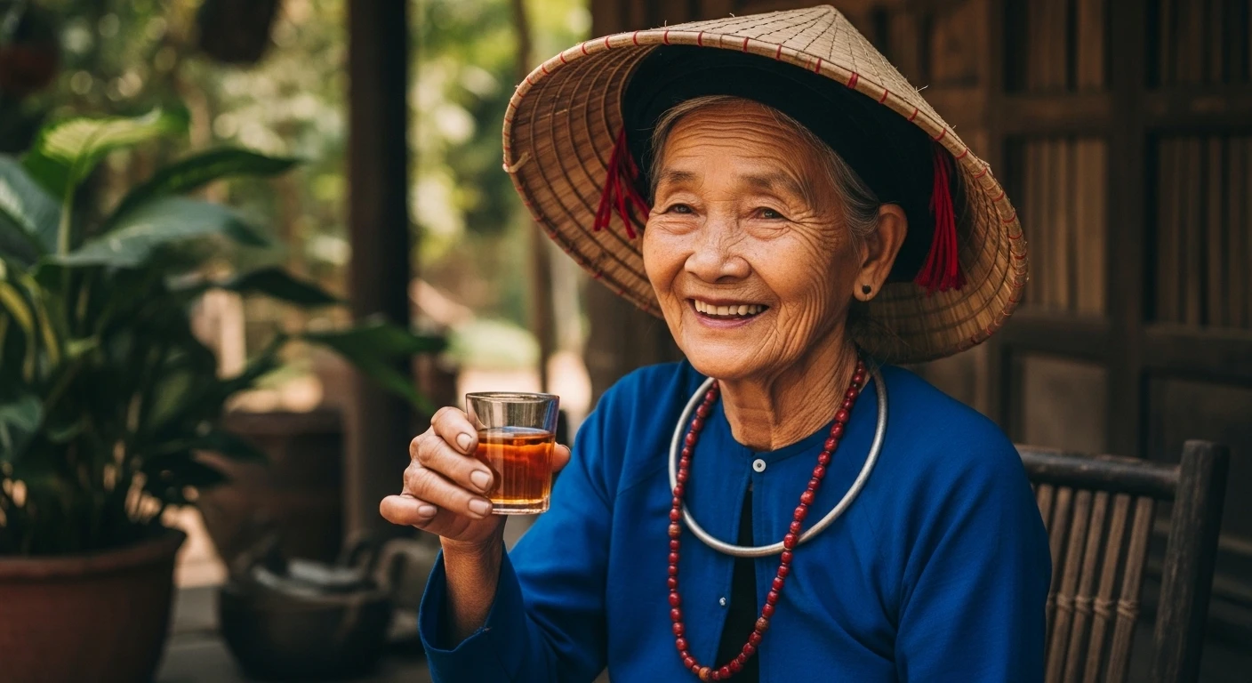 A Vietnamese elder in traditional clothing smiling, holding a small glass of snake wine in a rural setting