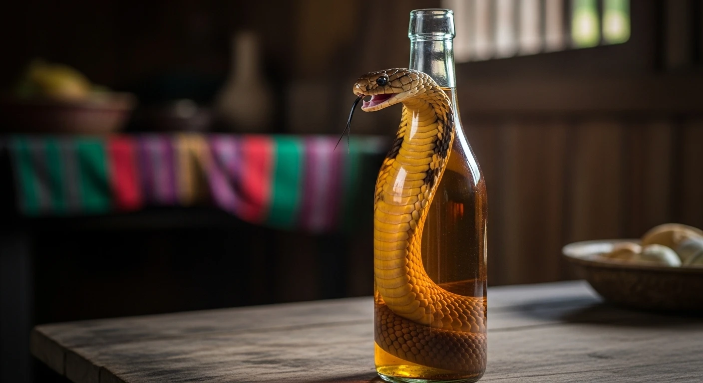 A close-up of a king cobra submerged in a glass bottle of rice wine, the cobra's mouth agape