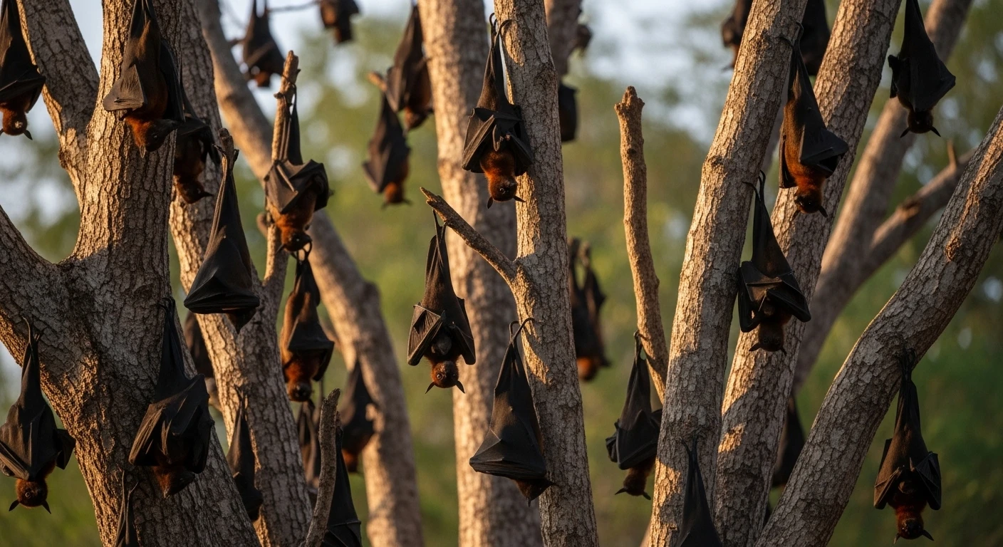 Thousands of large fruit bats hanging from the branches of ancient trees at Wat Mahatup, Soc Trang
