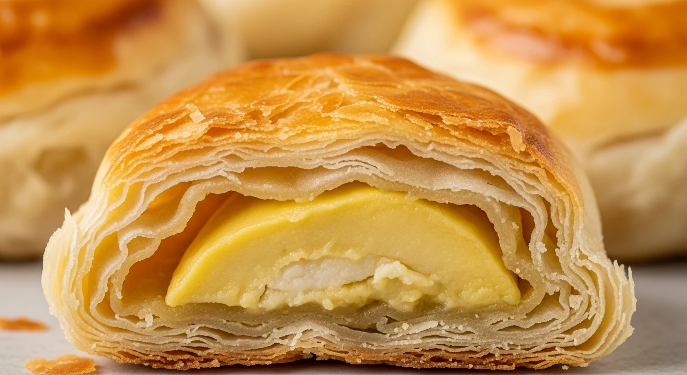 A close-up of a freshly baked Banh Pia pastry, showing its flaky layers and rich durian filling