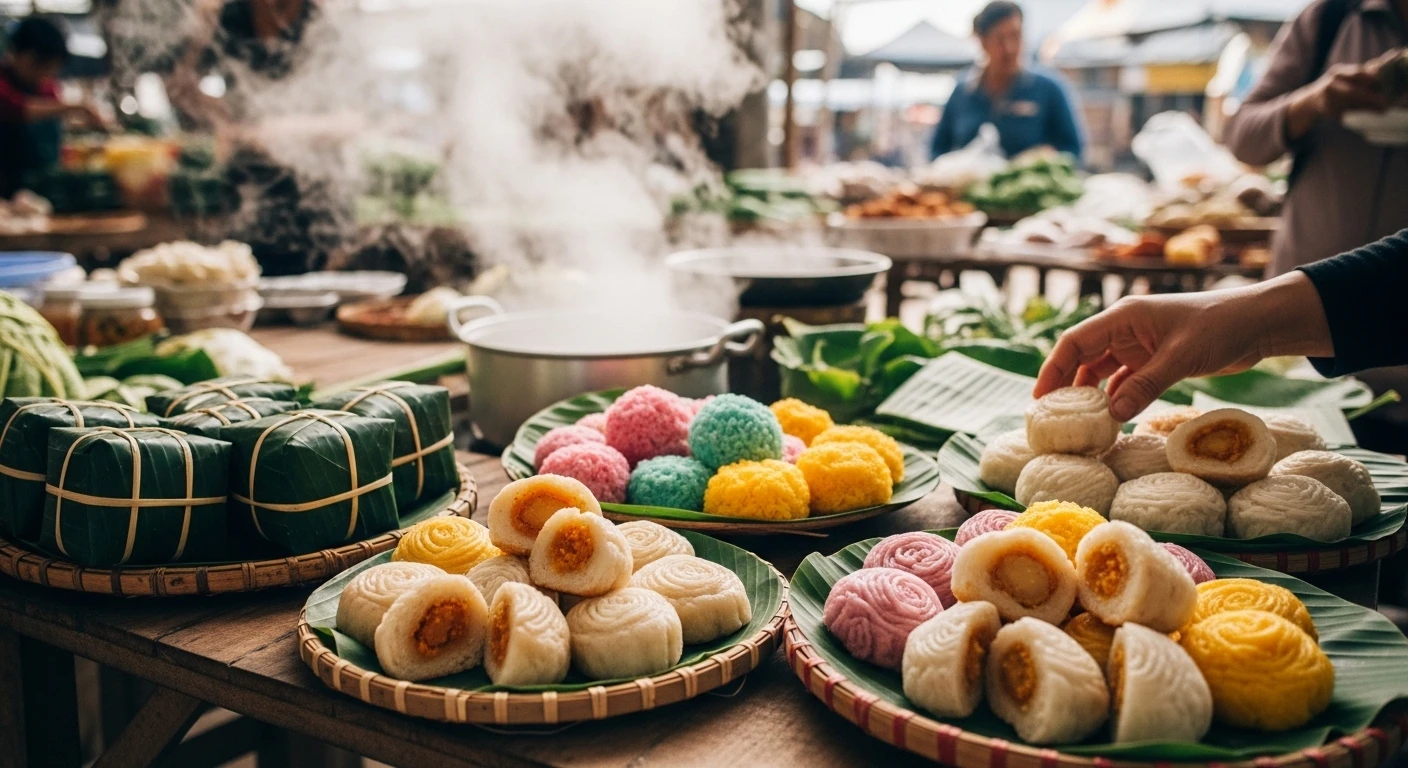 A colorful display of Banh Pia pastries at a local market in Soc Trang, Mekong Delta