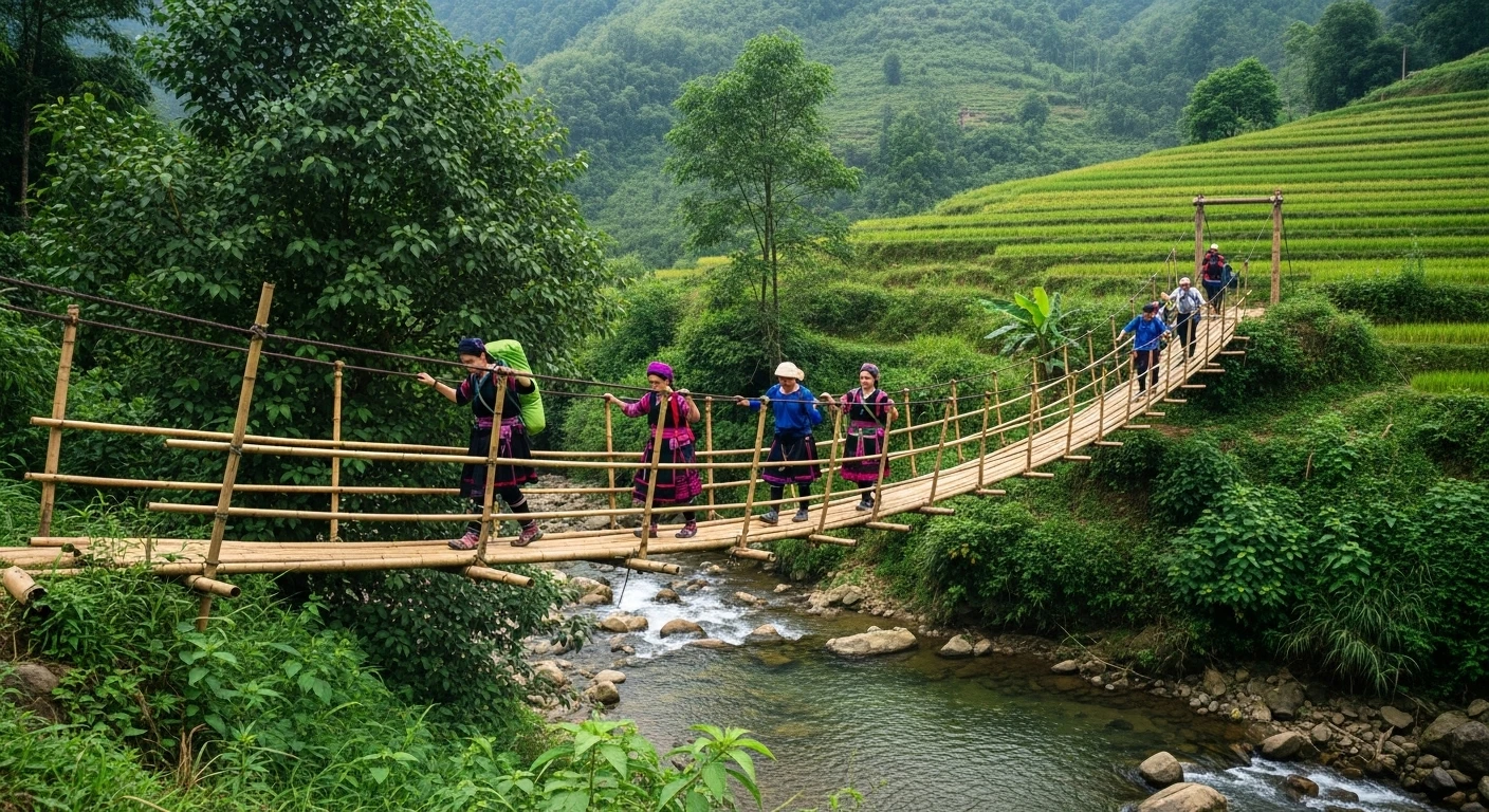 A group of trekkers crossing a bamboo suspension bridge over a stream in the Muong Hoa Valley, Sapa