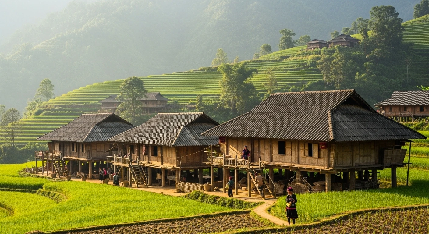 Traditional wooden stilt houses of the Giay minority in Ta Van Village, Sapa, with rice terraces in the background