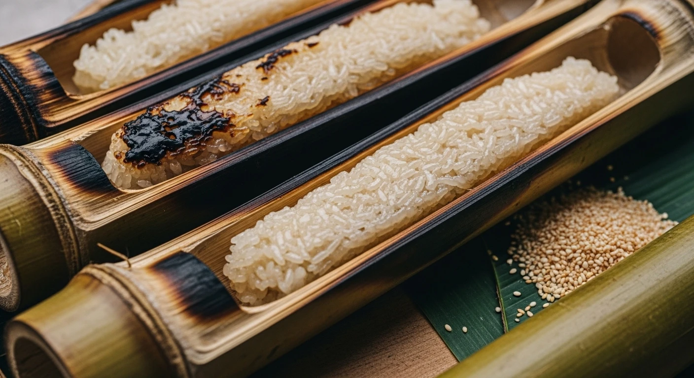 Close-up of Com Lam (bamboo-cooked sticky rice) being prepared and served in Ta Van Village, Sapa