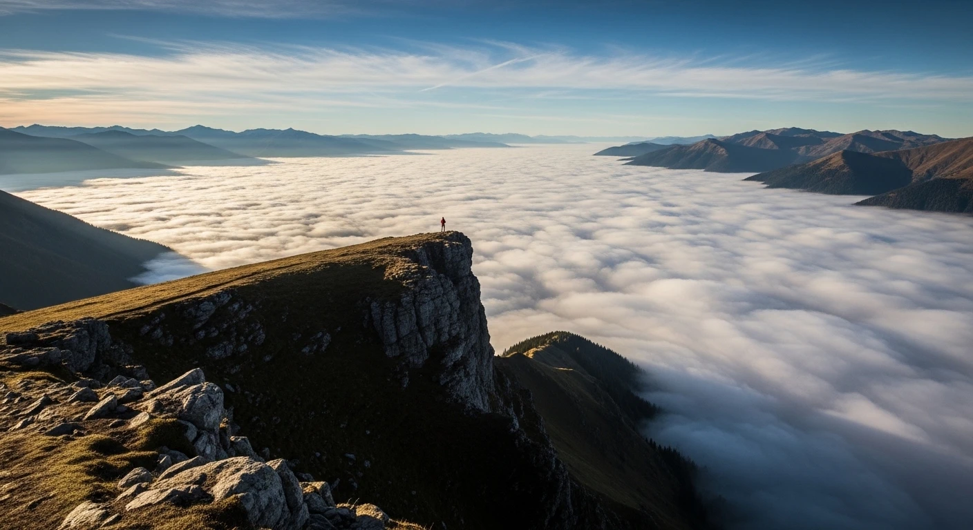 Panoramic view of clouds filling a valley below a sharp mountain ridge