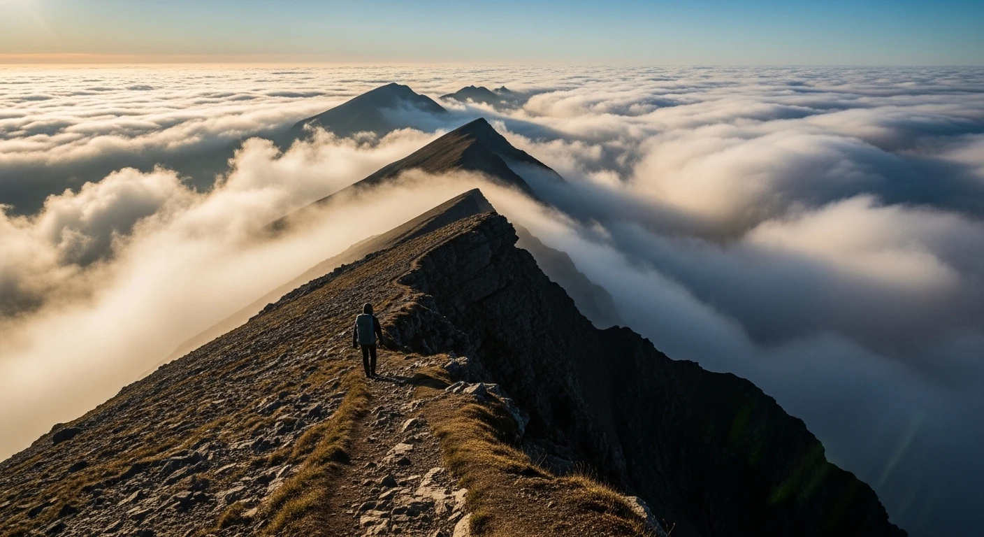 A lone hiker silhouetted against a vast expanse of clouds during sunrise
