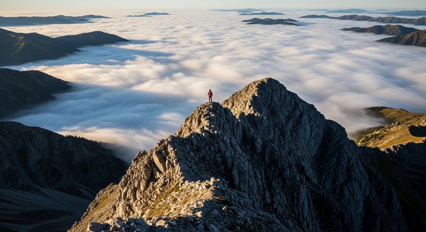 A hiker stands on the narrow 'Dinosaur Spine' ridge, surrounded by a vast ocean of clouds below