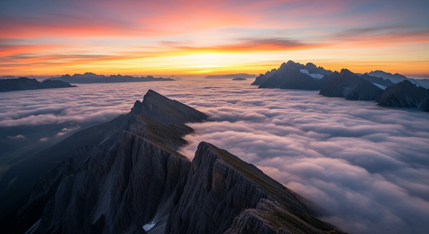 A sweeping panoramic view of clouds blanketing a mountain range in Ta Xua at sunrise