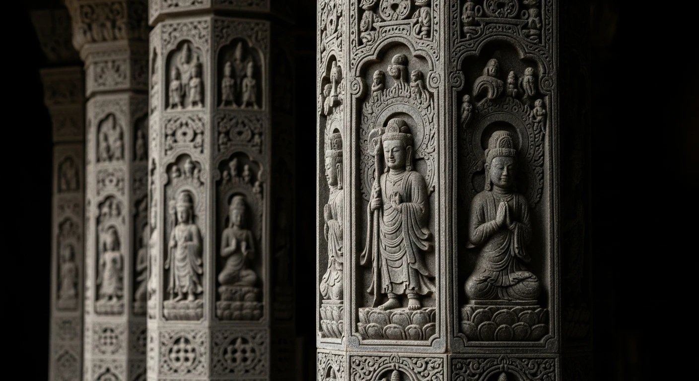 Close-up of intricate carvings on Tam Chuc Pagoda pillars