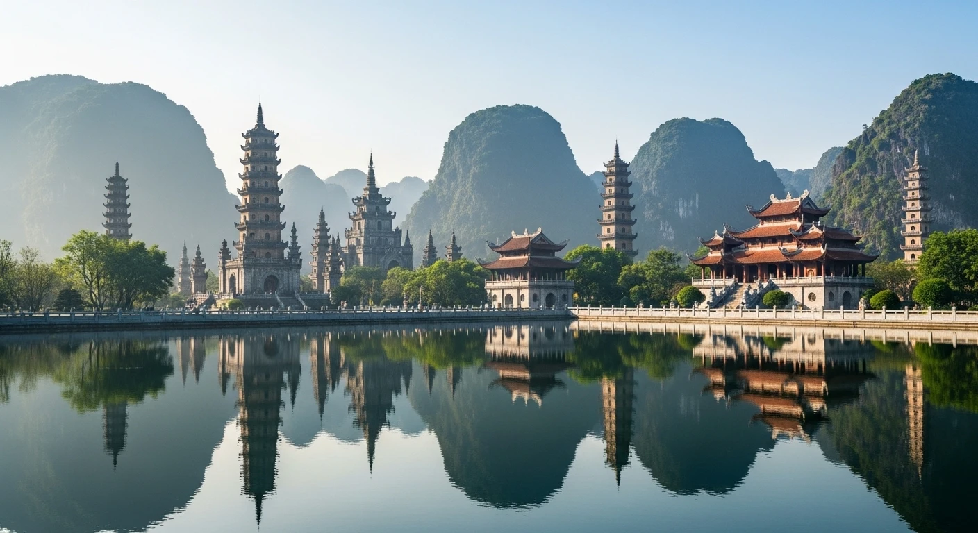 Panoramic view of Tam Chuc Pagoda complex with misty mountains and lake