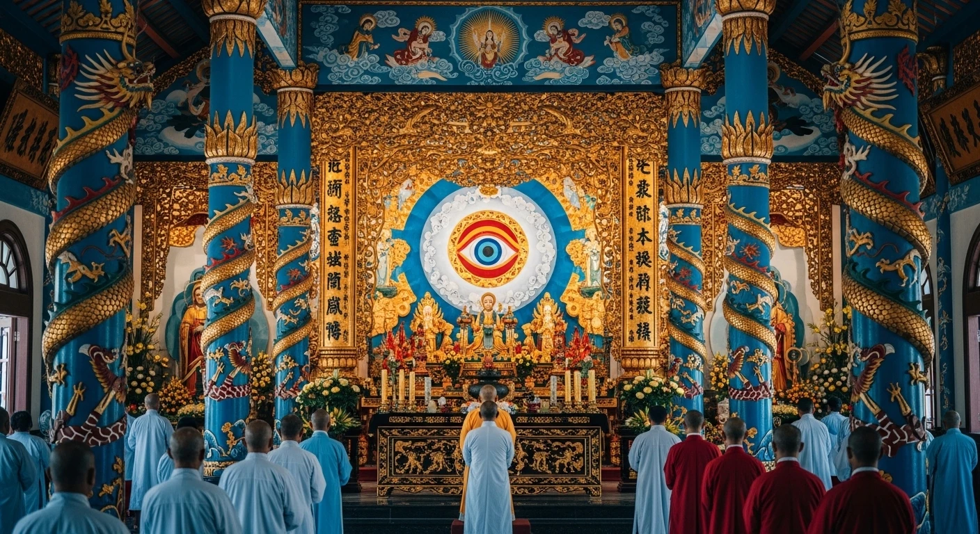 The vibrant and colorful interior of the Cao Dai Temple during midday ceremony