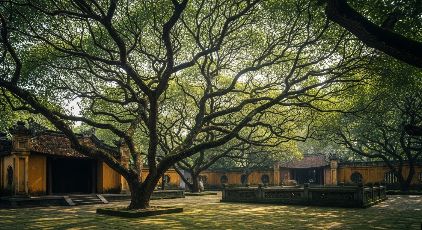 A serene view of a courtyard at the Temple of Literature with ancient trees