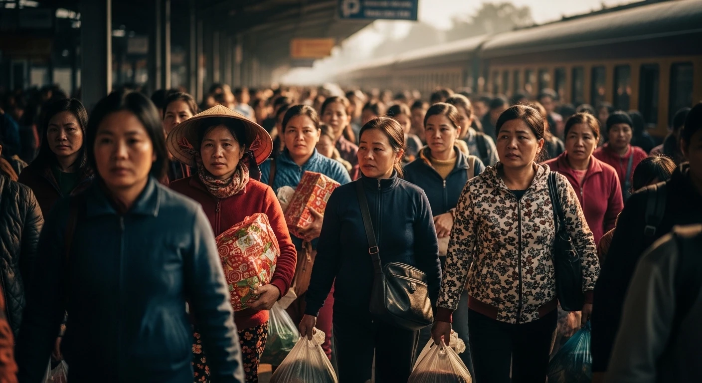 Crowded train station platform in Vietnam during Tet, with families carrying luggage