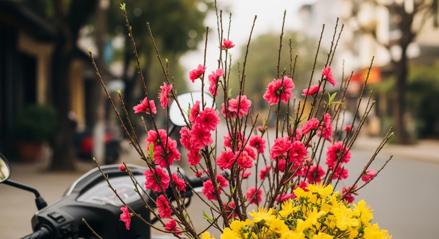 Motorbikes decorated with peach blossoms parked on a street in Vietnam during Tet