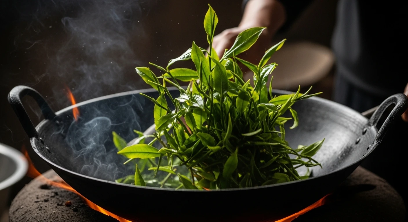 Close-up of tea leaves being roasted in a large wok over a charcoal fire in Thai Nguyen, Vietnam