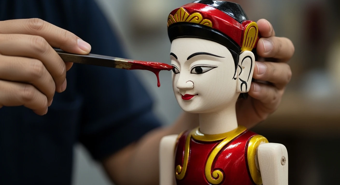 Close-up of a water puppet being crafted, showing intricate details and vibrant lacquer.