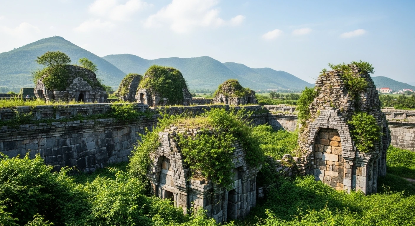 Panoramic view of Lam Kinh Citadel ruins with lush green surroundings