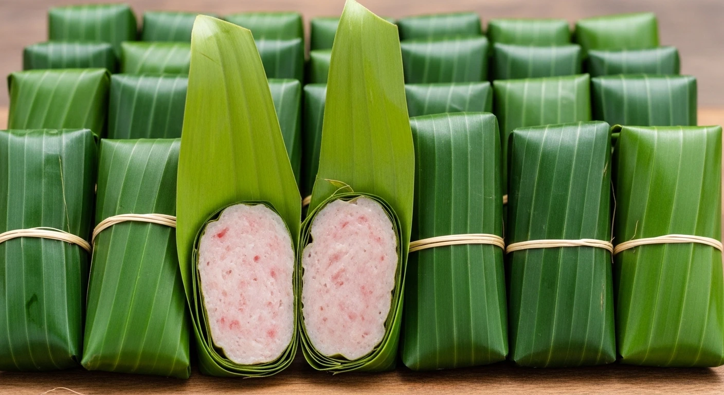 Bundles of Nem Chua wrapped in banana leaves, a vibrant pink hue visible