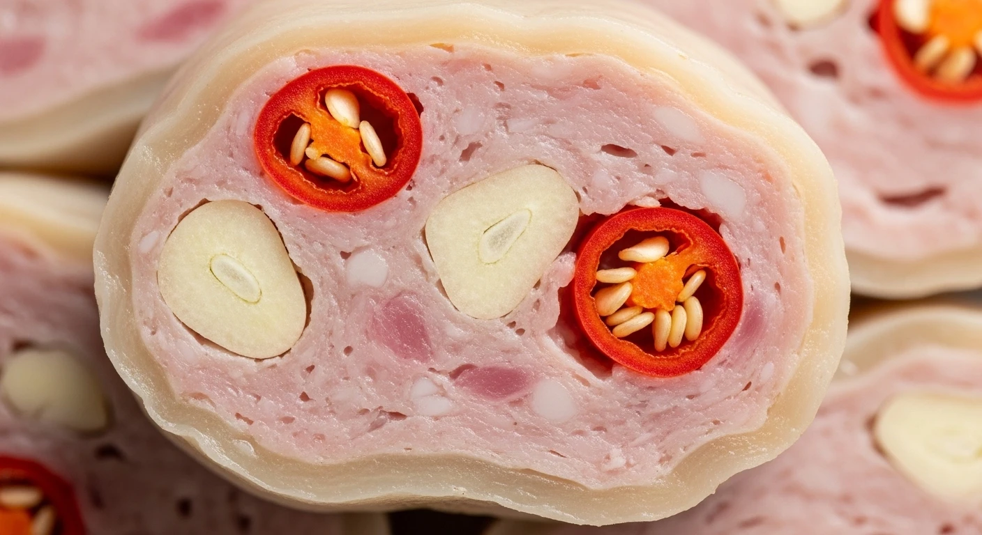 Close-up of a piece of Nem Chua, showing the pink interior, slivers of garlic and chili, and translucent pork skin