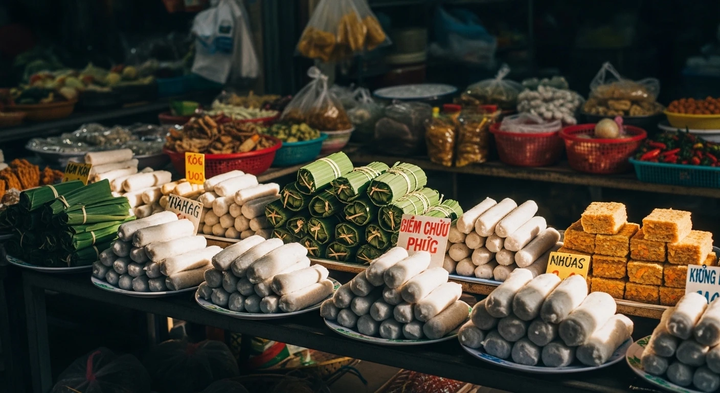 A vibrant market stall in Thanh Hoa displaying various types of Nem Chua and other local snacks