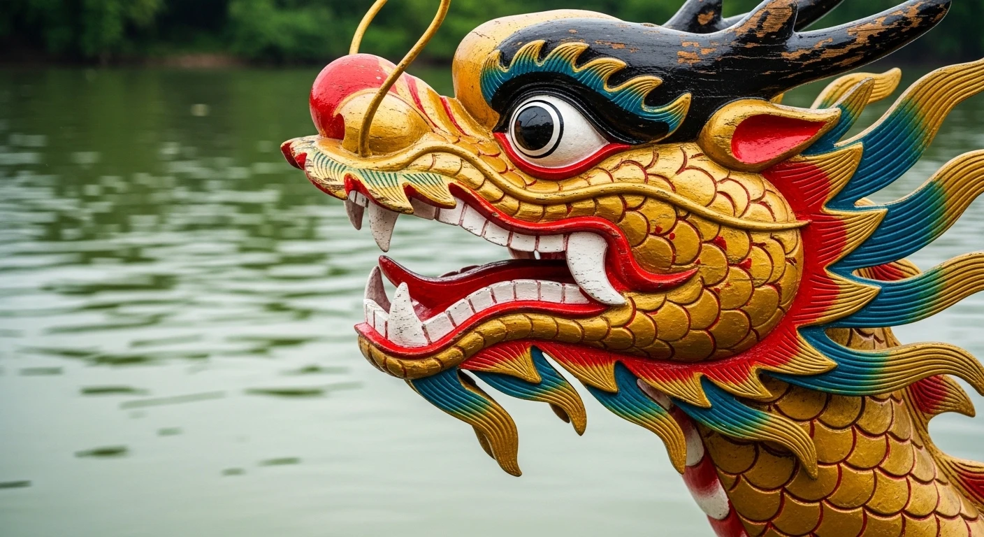 A close-up of the intricately carved dragon head on the bow of a Hue dragon boat.