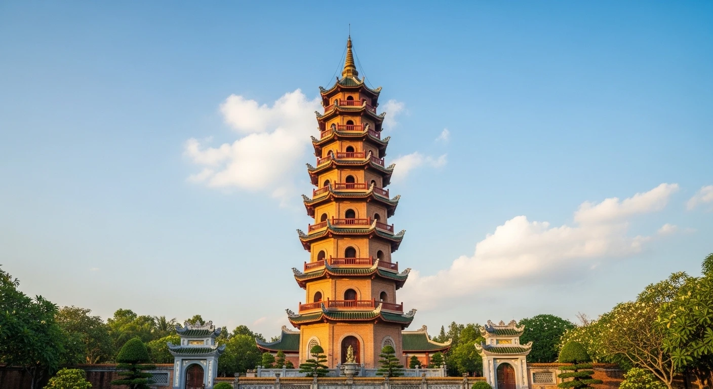 The iconic seven-story Phuoc Duyen Tower of Thien Mu Pagoda, bathed in sunlight.