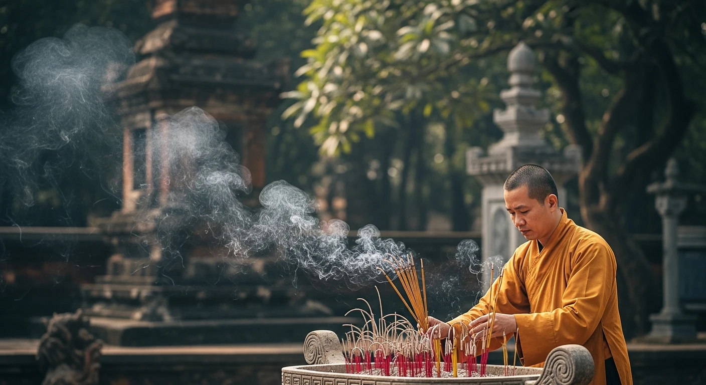 A monk tending to incense sticks at the Thien Mu Pagoda complex.