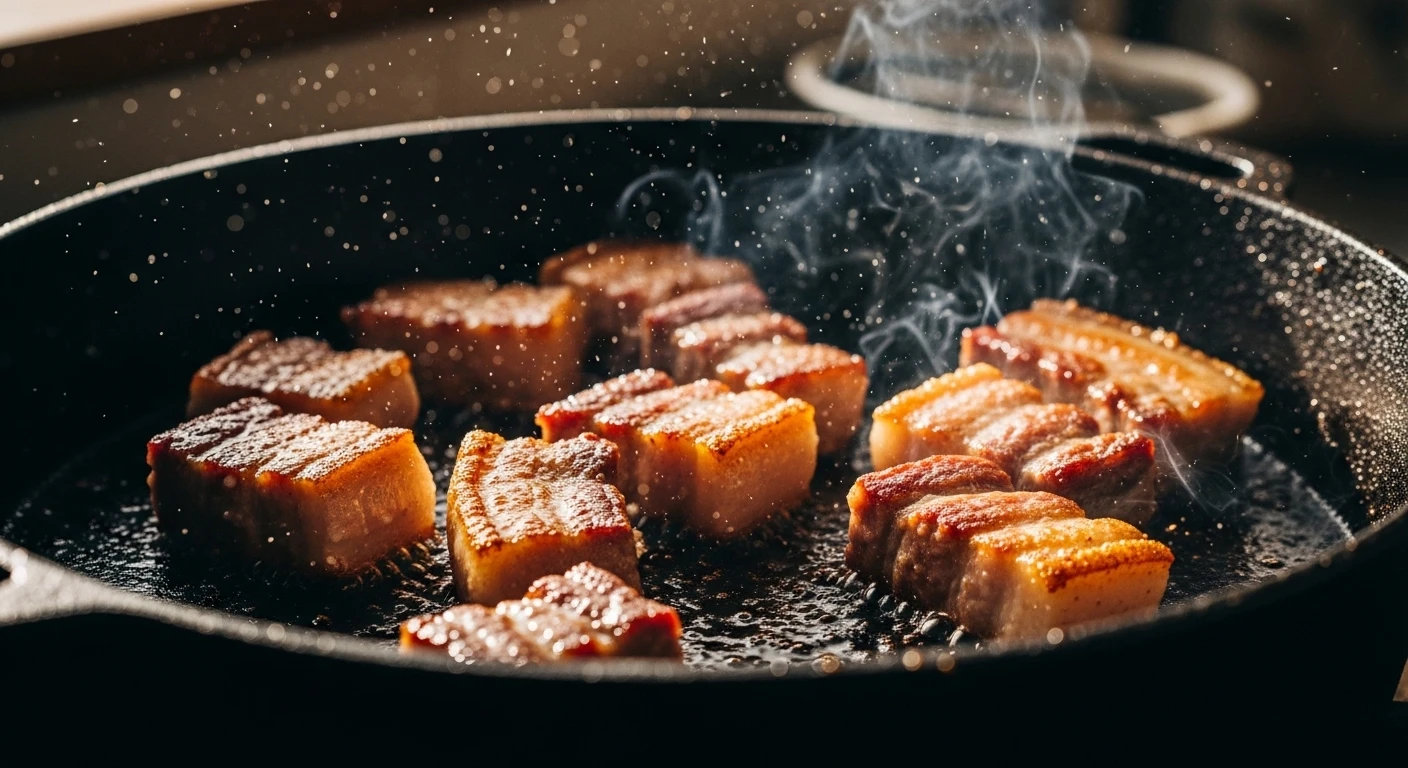Close-up of pork belly pieces being browned in a pot.