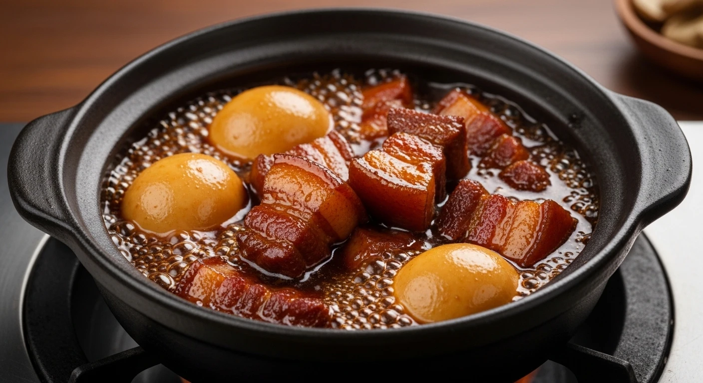 A pot of Thit Kho Tau simmering with pork belly, eggs, and liquid, showing a rich, dark sauce.