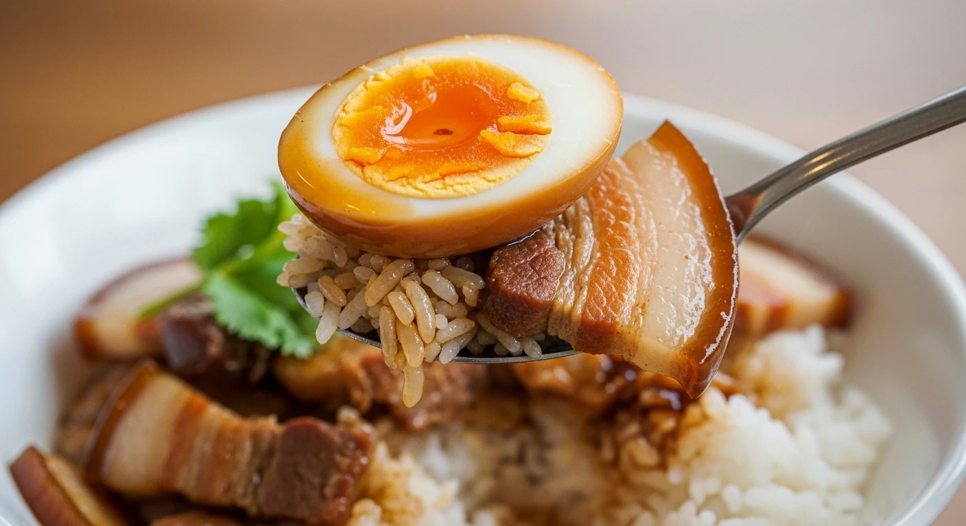 A close-up of a spoonful of Thit Kho Tau with rice, highlighting the tender pork, egg, and rich sauce.