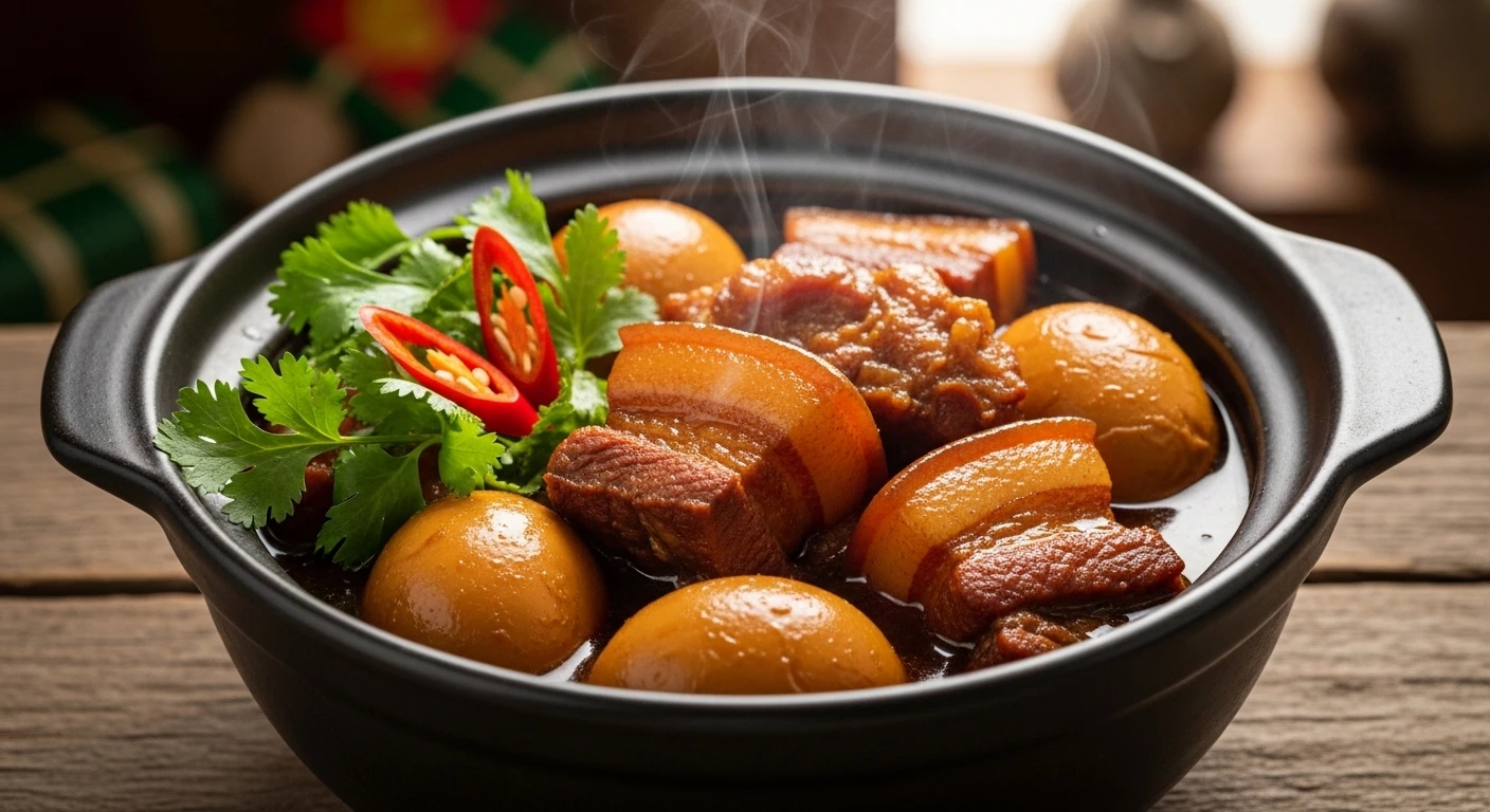 A rustic clay pot filled with Thit Kho Tau, showing tender pork belly and golden eggs in a rich caramel sauce