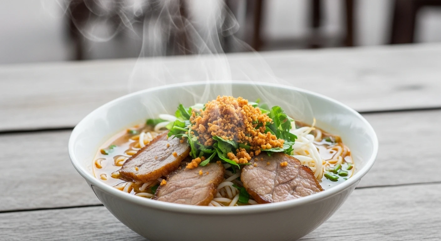A steaming bowl of Hu Tieu My Tho, showcasing the chewy noodles, tender pork, and crispy garlic toppings