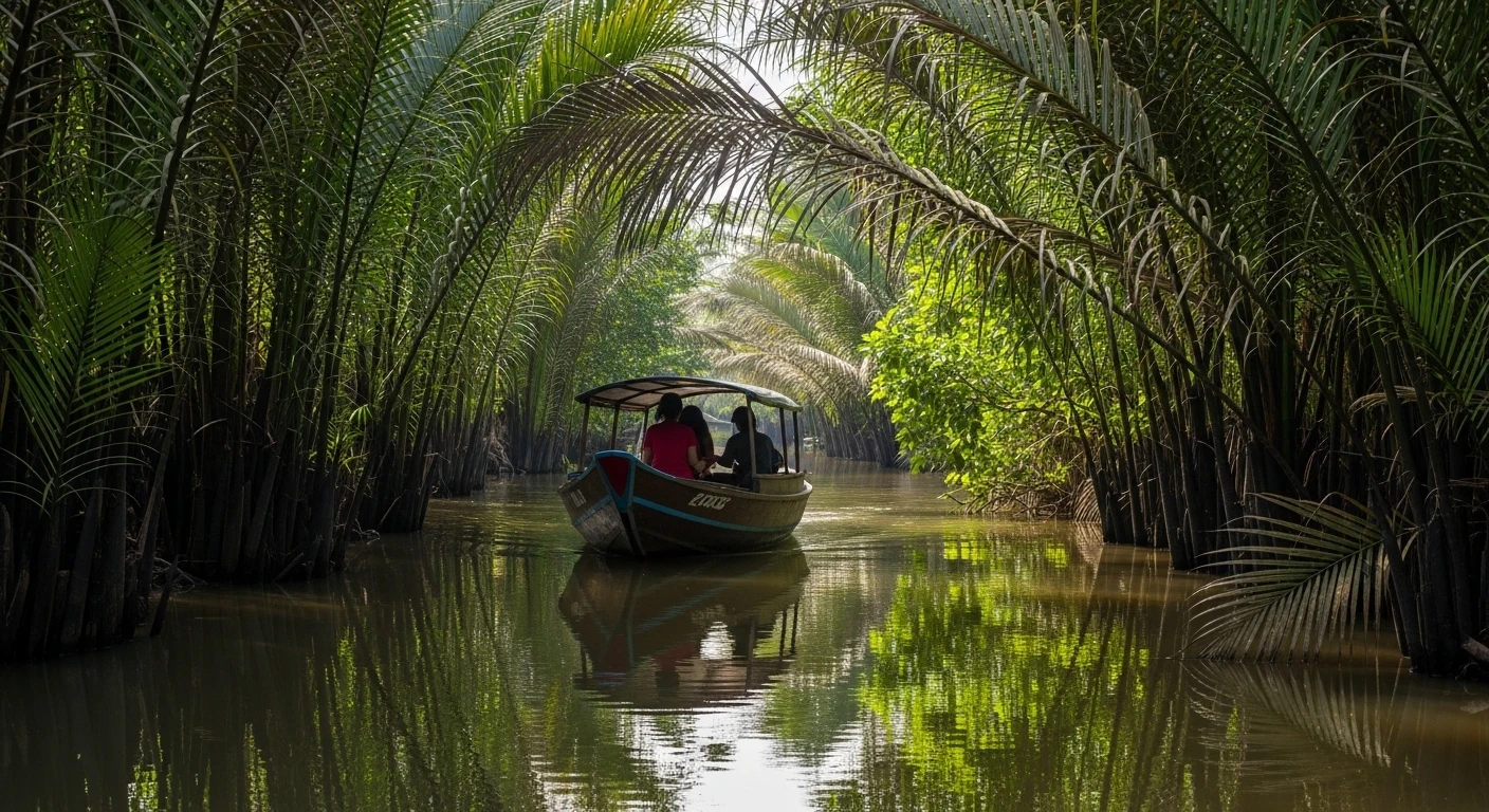 A serene scene on Thoi Son Island with a sampan boat gliding through a narrow canal surrounded by lush vegetation