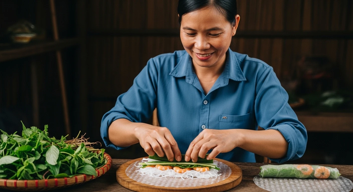 A chef demonstrating how to wrap fresh spring rolls with harvested herbs in Hoi An