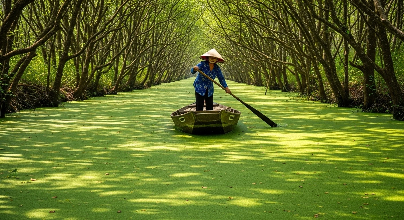 A woman in a conical hat expertly rowing a sampan through the dense green duckweed