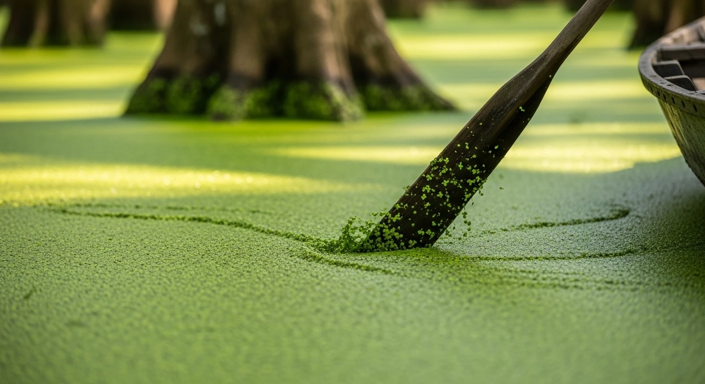 Close-up of a sampan's oar pushing through the thick, vibrant green duckweed in Tra Su forest