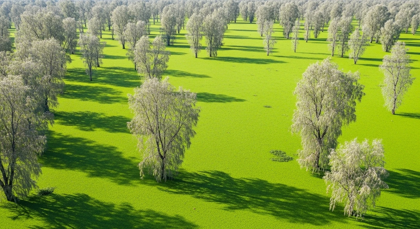 A panoramic view of Tra Su Cajuput Forest with a boat gliding over bright green duckweed