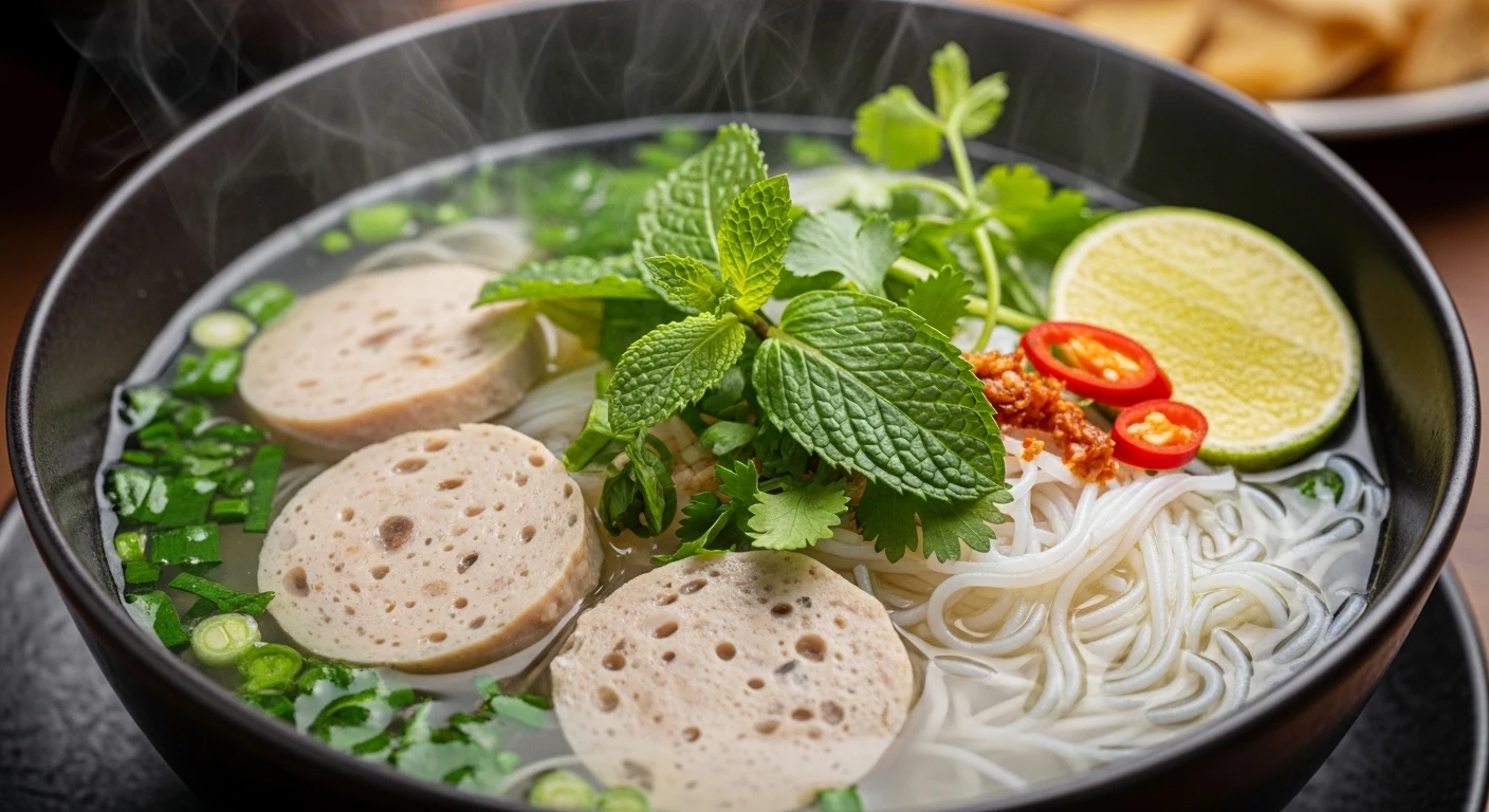 A steaming bowl of Bun Suong, showcasing the tender shrimp sausage, rice vermicelli, and fresh herbs